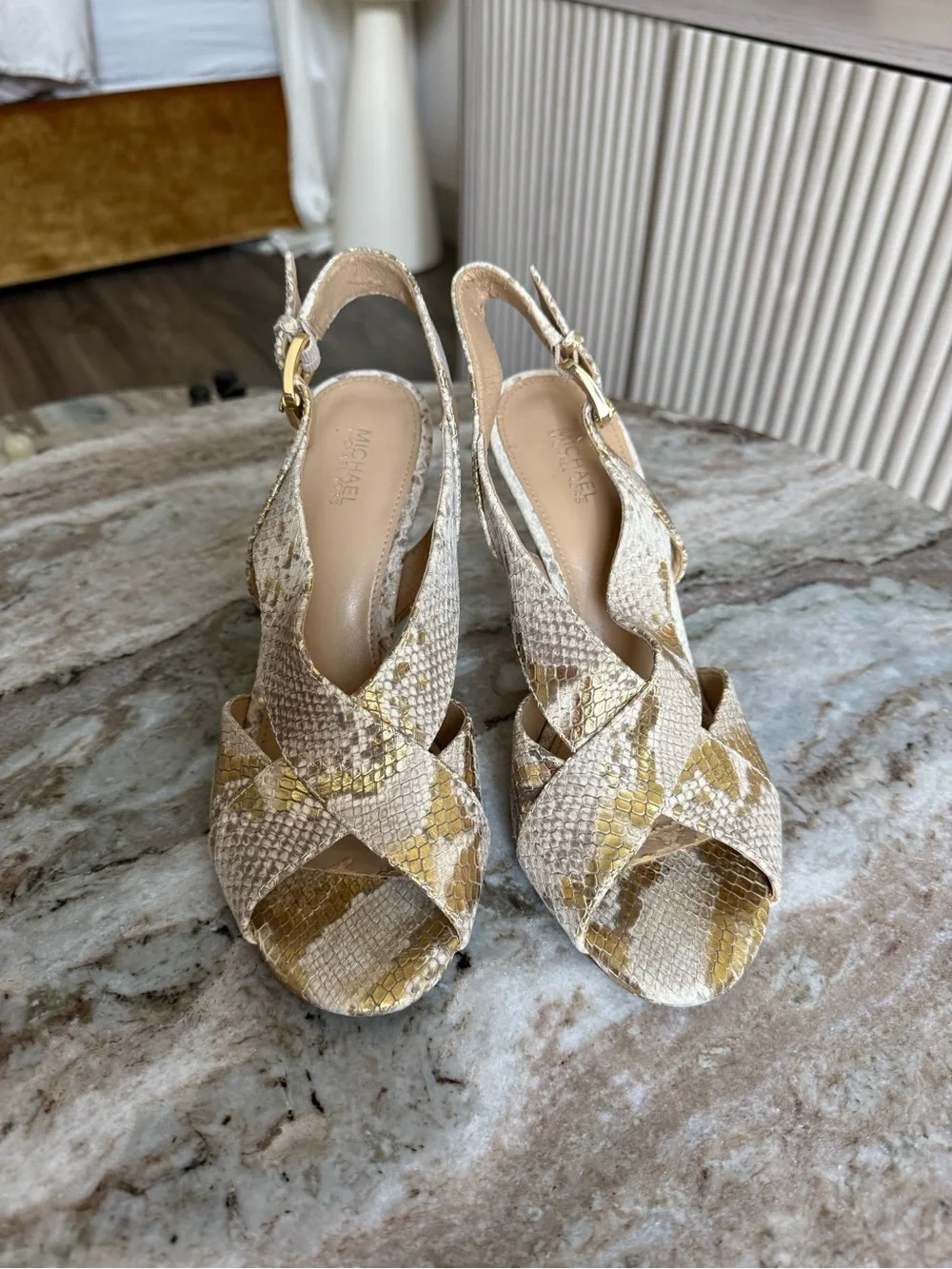 Michael Kors Becky Metallic Snakeskin Slingback Heels Gold Sandals 7.5